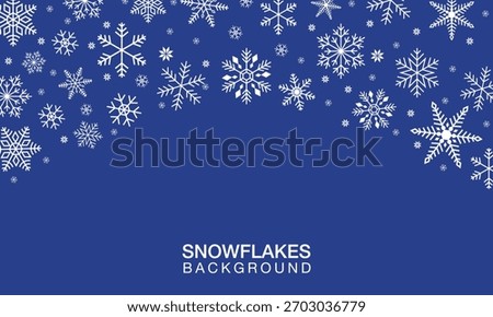 Elegant snowflake background with white geometric snowflakes arranged in curved border on dark blue backdrop creating winter and christmas festive design