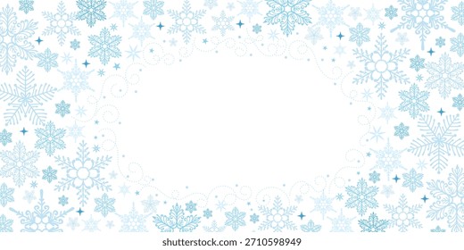 Elegant Snowflake Border Frame With Blue Colors. Decorative Christmas background with swirling dotted lines, frosty ornaments, and icy seasonal elements, perfect for holiday cards, invitations