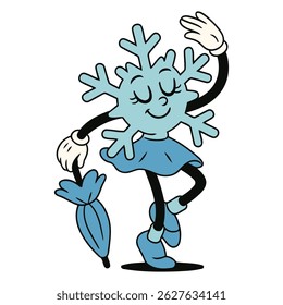 Elegant snowflake character dancing with an umbrella, wearing a skirt and shoes, perfect for winter campaigns, seasonal greetings, and festive merchandise.
