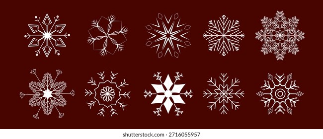Elegantes Schneeflocken-Design im weißen Linien-Kunststil auf tiefrotem Hintergrund. Diese Kollektion enthält verschiedene dekorative Schneeflocken-Formen mit symmetrischen geometrischen Details, perfekt für Weihnachts- und Winterferien-Designs. Ideal für Grußkarten, Urlaubshintergründe, Geschenkverpackungen, Einladungen, Verpackungen, Poster, Muster und saisonale Grafikprojekte. Geeignet sowohl für digitale als auch für Druckanwendungen.