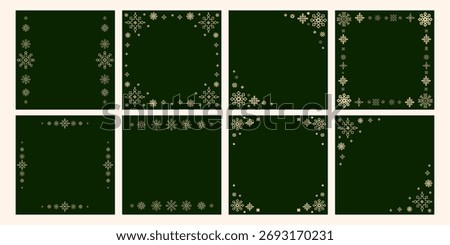 Elegant Snowflake Frame Set. Festive Green and Gold Square Frames and borders templates, ideal for Christmas cards, social media, invitations, packaging, branding, and holiday print, web design.Vector