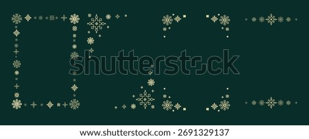 Elegant Snowflake Frame Set in Gold on Dark Green Background.Vector set of snowflake frames, corners, and dividers for holiday invitations, greeting cards, packaging, branding,festive print designs