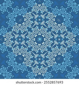 Elegant snowflake mandala vector seamless pattern in icy blue, white, and teal hues. The color scheme creates a gradient and glow effect. Perfect for winter-themed digital designs, social media