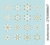 Elegant snowflake vector set. Gold and white snowflakes on a blue background. Perfect for winter designs. Snowflake patterns for holiday decor and crafts. Christmas illustration vector set.