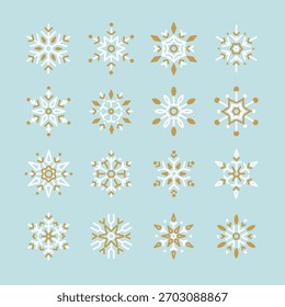 Elegant snowflake vector set. Gold and white snowflakes on a blue background. Perfect for winter designs. Snowflake patterns for holiday decor and crafts. Christmas illustration vector set.