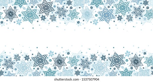 Elegant snowflakes horizontal  pattern, hand drawn and detailed, great for wrapping, textiles, banners, wallpapers - vector surface design