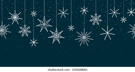 Elegant Snowflakes horizontal seamless pattern, hand drawn stars - great for textiles, wallpapers, invitations, banners - vector surface design