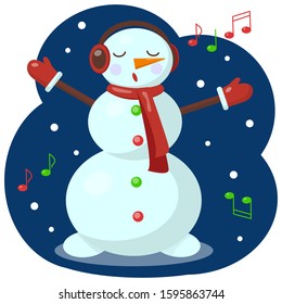 Elegant Snowman in headphones sings at night in the snow. Winter traditional music illustration