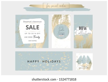 Elegant social media trendy chic gold grey blue Christmas  style banner templates 