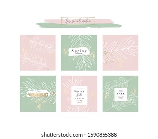 Elegant social media trendy chic gold pink blush and fresh pastel green banner or card templates