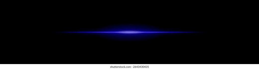 Eleganter, weicher, blauer, horizontaler Strahl, der auf dunklem Hintergrund leuchtet. Eine subtile Fackel, die Sonnenaufgangsenergie, filmische Übergänge oder den ersten Blinzeln eines futuristischen Erwachens hervorruft.