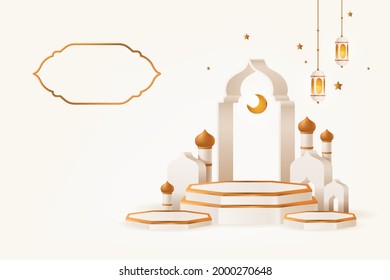 Elegant soft Islamic podium in beige background with gold color. Mosque, crescent moon, lantern, traditional, base, podium. 3d realistic vector