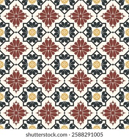 Elegant Soft Peach and Blue Floral Tile Seamless Pattern with a Retro Feel