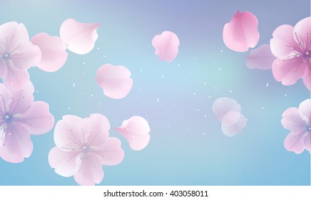elegant soft pink color cherry flowers with sakura petals background. Abstract blured floral panoramic background, blue soft spring space. Modern style vector soft spring illustration background