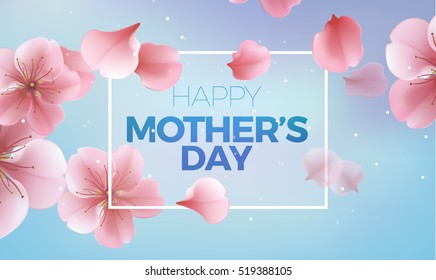 elegant soft pink color cherry flowers, vector sakura blue background for Happy Mother Day card