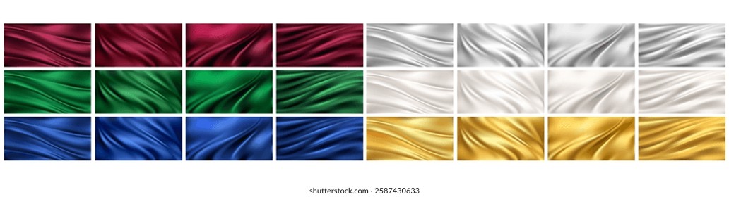 Elegant and soft royal backdrop of shine flowing surface, drapes or curtains material. Vector realistic background texture, set of different colors and crumbles, silk fabric cloth for decor