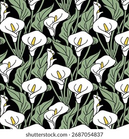  Un patrón elegante y sofisticado de lirios de calla blancos con hojas verdes que fluyen sobre un fondo negro dramático. Este diseño está inspirado en el movimiento Art Nouveau, enfatizando las líneas elegantes y
