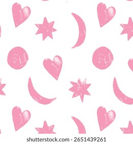 Elegante e sofisticado padrão de vetor sem emenda com estrelas caindo e elementos de lua crescente. Cor de fundo rosa rubor com creme e ouro.