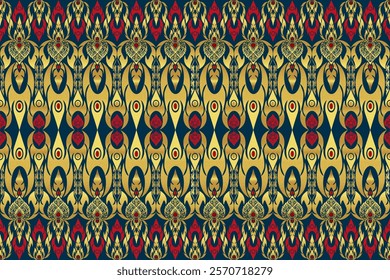 Elegant Southeast Asian Decorative Pattern Featuring Gold Lotus Motifs, Abstract Geometric Accents, and Vibrant Red Highlights