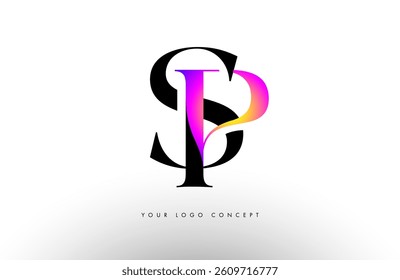 Elegant SP logo concept icon design with creative serif font and purple blue neon colors.