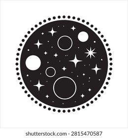 Elegant Space Theme Round Badge with Stellar Objects
