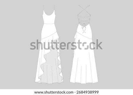 Elegant Spaghetti Strap Ruffled Hem Maxi Dress Fashion Technical Sketch