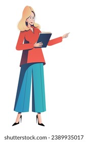 Elegant speaker woman giving presentation or lecture. Stylish businesswoman or teacher pointing at smth with finger. Concept of presentation, or showing business report. Flat vector illustration.