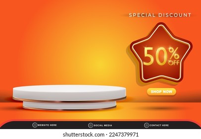 elegant special discount template banner with blank space 3d podium for product sale with abstract gradient orange and yellow background design