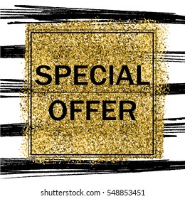 Elegant Special Offer On Gold Glitter With Black Hand Draw Lines On Background. Vector Illustration.