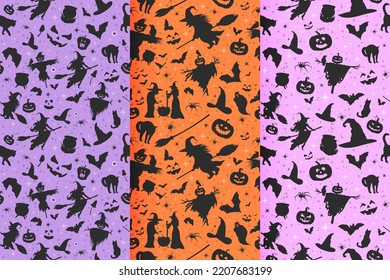 Elegant spooky festive texture. Pumpkins, spiders, bats, black cats, witches, cauldrons, on orange, purple background. Halloween patterns collection. Minimal Halloween vector seamless illustration.