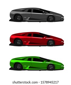 Elegant sport car in modern style isolated on white background. Motorsports concept. Classic vehicle in red, green, grey colors. Premium ride concept. Luxury automobile. Editable vector illustration.