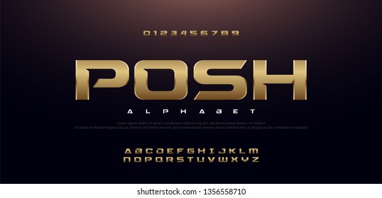 Elegant Sport Gold Metal Chrome Alphabet Font. Typography modern style golden fonts for technology, digital, movie logo design. vector illustration