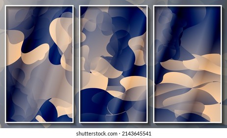 Elegant spotted triptych. A multitude of overlapping beige-blue abstract shapes with wavy edges form a mottled surface. Three images in white thin frames. Vector.