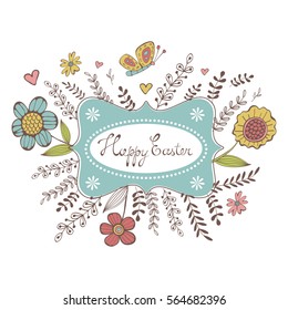 Elegant spring card with a frame, flowers and butterflies. Vector illustration