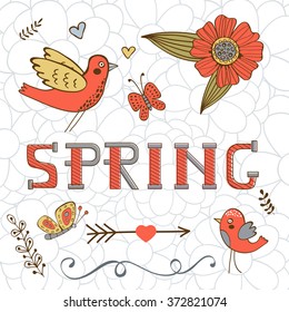 Elegant spring card with a word Spring, birds, flowers and butterflies