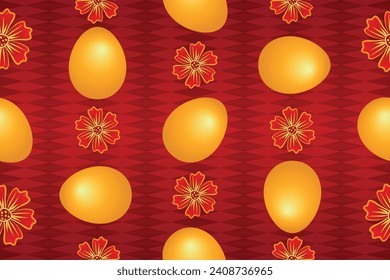 Elegant spring Easter pattern with golden eggs and vintage flowers  on a red gradient background with rhombuses Vector image