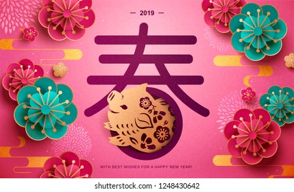 Elegant Spring festival greeting card with paper plum flowers and golden piggy jumping out of the word, spring written in Hanzi in fuchsia tone