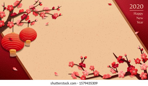 Elegant spring festival illustration with red lanterns hanging on plum flowers tree, beige copy space for design