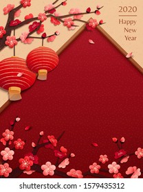 Elegant spring festival illustration with red lanterns hanging on plum flowers tree, red copy space for design