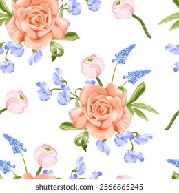 Elegant spring floral vector pattern featuring peach roses, blue muscari, and wild pea blooms on a white background.