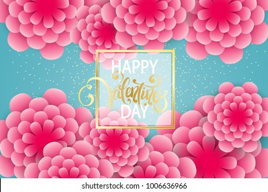 Elegante textura florida primaveral con líneas brillantes doradas y confetti. Marco con texto del Día de San Valentín de Yappy. Plantilla de diseño de moda original. El papel 3d cortó flores. Ilustración vectorial