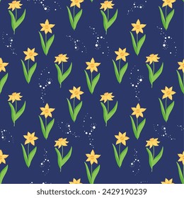 Elegant spring pattern of daffodils on a blue background. Vector repeating design for printing on packaging, fabric.