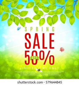 Elegant spring sale banner. Vector illustration. Spring day background with sunshine and tree branches.