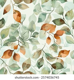 Elegant Spring Summer Green Forest Mint Brown Orange Eucalyptus Leaf Watercolor Abstract Scandinavian Design Seamless Pattern Wallpaper Curtain Bedding Background Upholstery Gift Wrapping Paper Vector