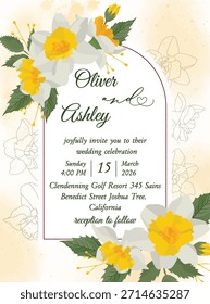 Elegante invitación de boda de primavera con flores y plantas de narciso dispuestas en una refinada decoración floral para ceremonias románticas de temporada