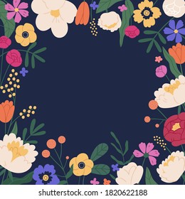 Elegant square background with colorful bloom flower vector flat illustration. Decorative template with beautiful flowering plants. Romantic border with garden flowers. Natural blossom backdrop