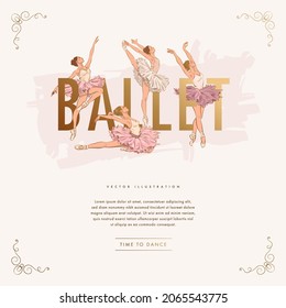 Elegant square background with hand drawn ballerinas and golden frame. Greeting card or web banner design template. Vector illustration