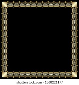 Elegant square border with 3d embossed effect. Ornate luxurious golden frame in art deco style on black background. Unusual decorative label design