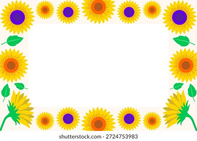 Elegante borde cuadrado hecho de girasoles brillantes y follaje. Plantilla de marco floral de Vector plano con espacio de copia para anuncios de eventos de verano, invitaciones de fiesta y fondos fotográficos en blanco floral.