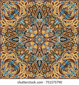 Elegant square colorful abstract pattern. Can be used to design pillows, scarves, neckerchief, bandanna, cushion.